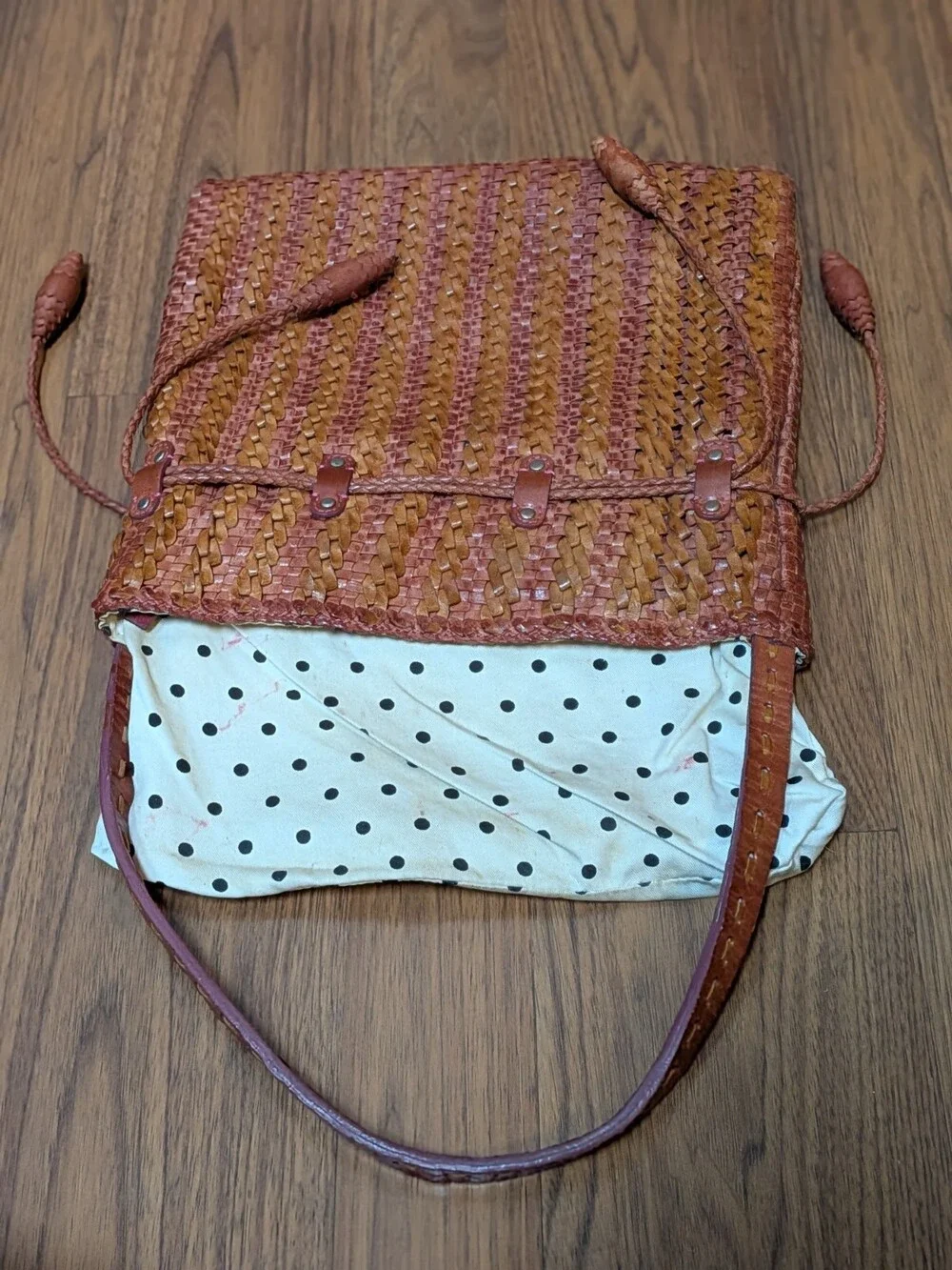 Martina Caponi Italy Brown Woven Braided Leather Bag Hobo Drawstring Polka Dot